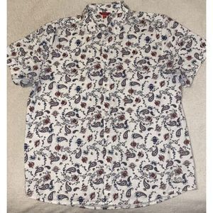 Men’s Guess Polo XL Los Angeles Floral Print White Red Blue Flowers Pattern
